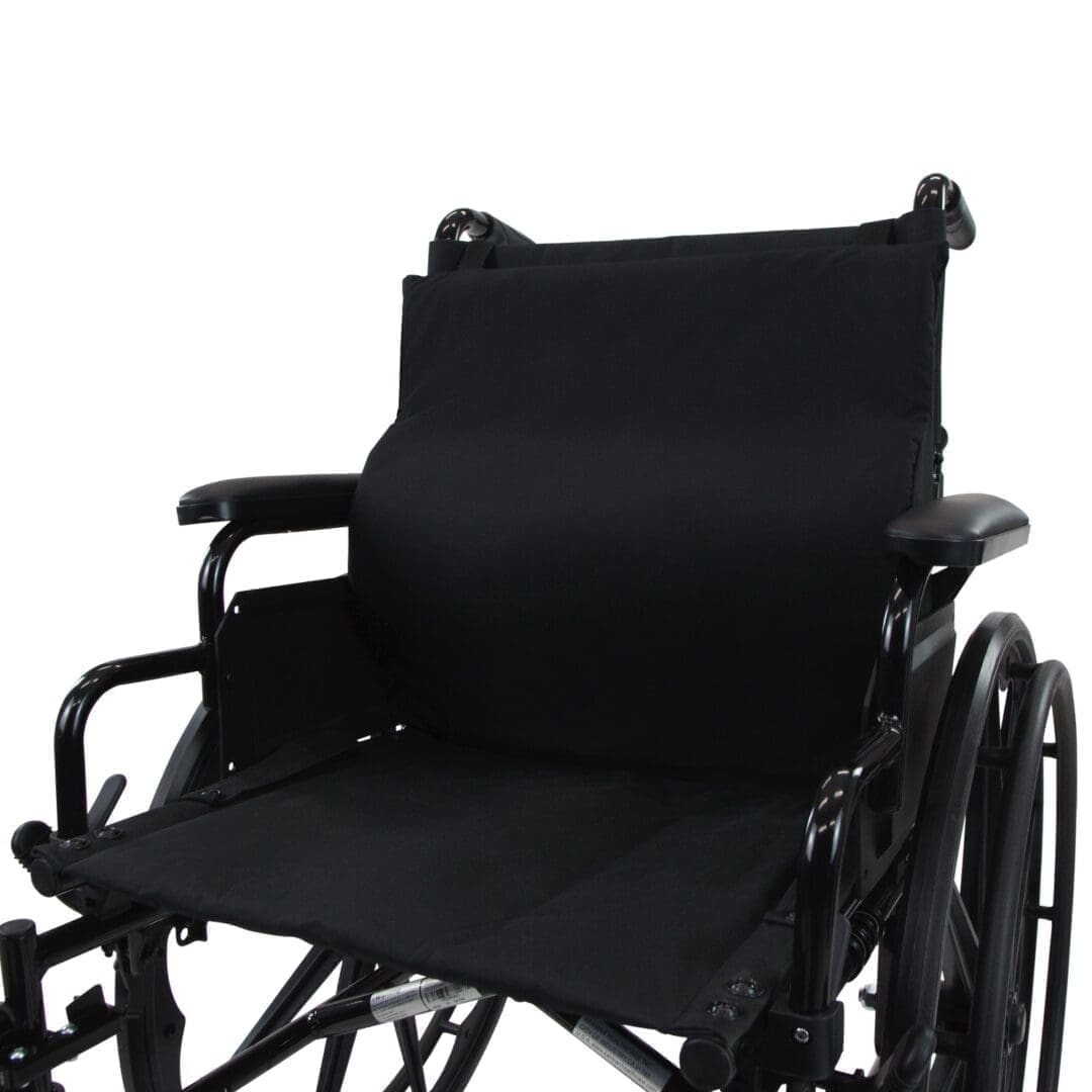 Black wheelchair with cushioned seat and backrest.