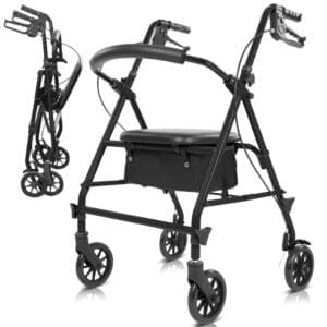 A foldable black walker with wheels and a storage pouch.