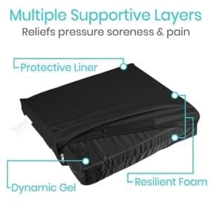 Black cushion with multiple supportive layers for pressure relief and pain reduction.
