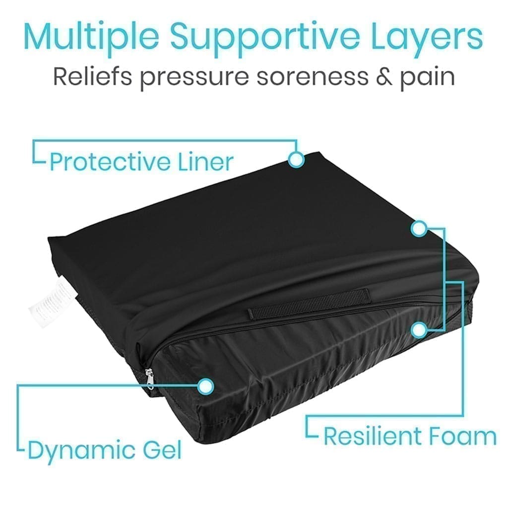 Black cushion with multiple supportive layers for pressure relief and pain reduction.