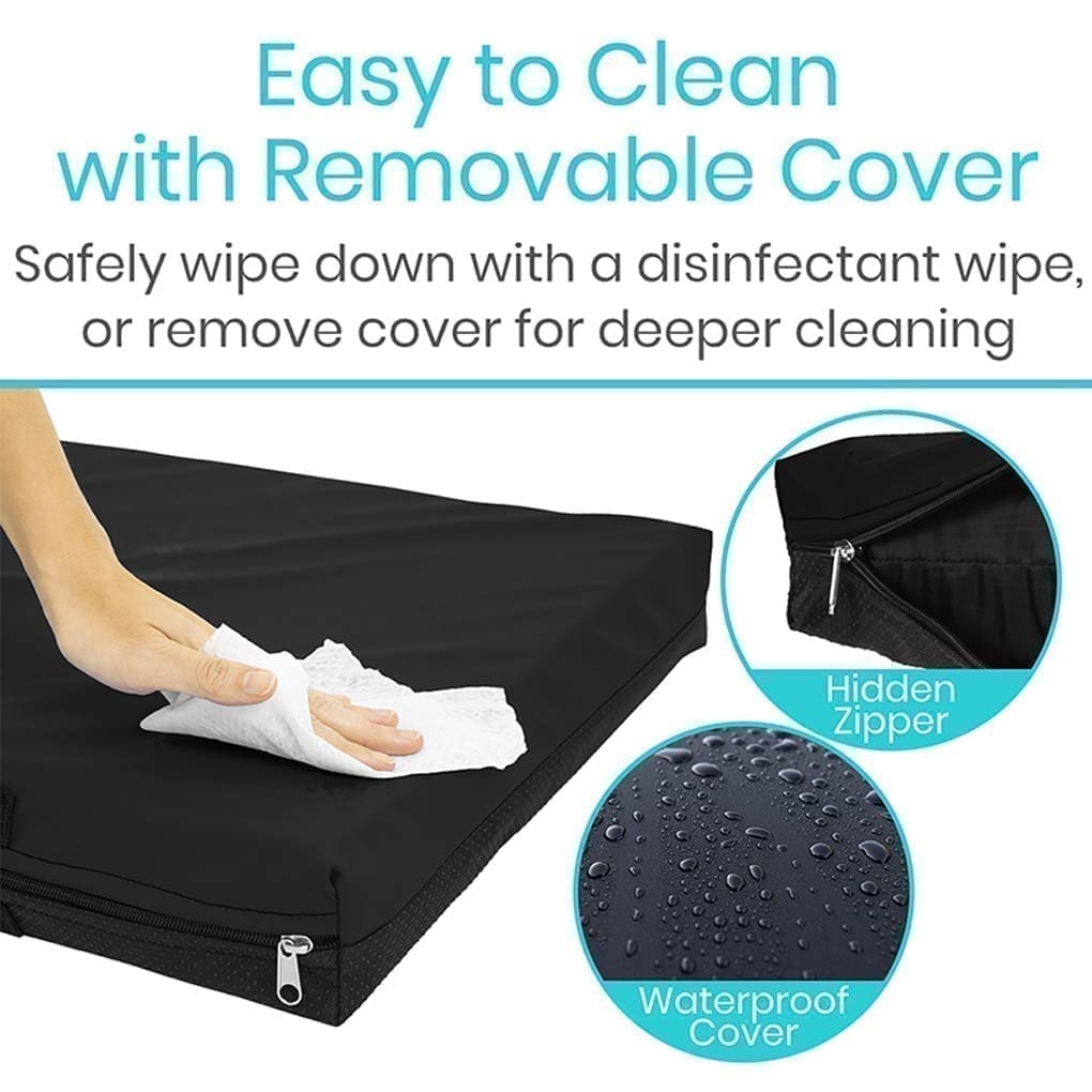 Black removable cover being wiped clean with a cloth.