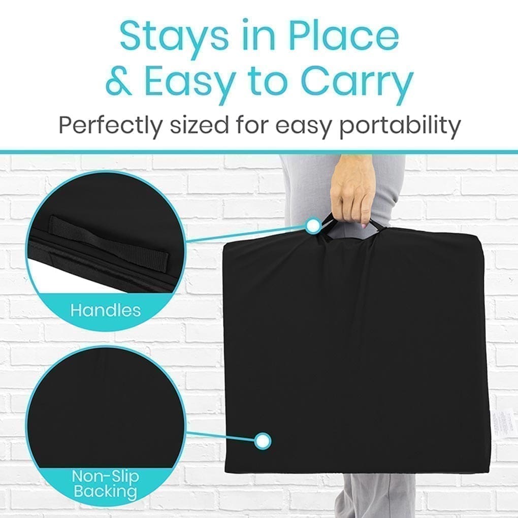 Black portable mat with easy-to-carry handle and non-slip bottom.