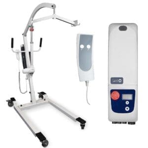 A medical device with a control unit and adjustable arm on wheels.