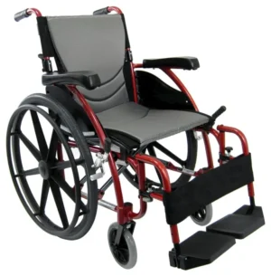 A red and black manual wheelchair with large rear wheels.