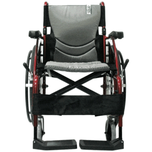 A modern, foldable wheelchair with footrests and cushioned seating.