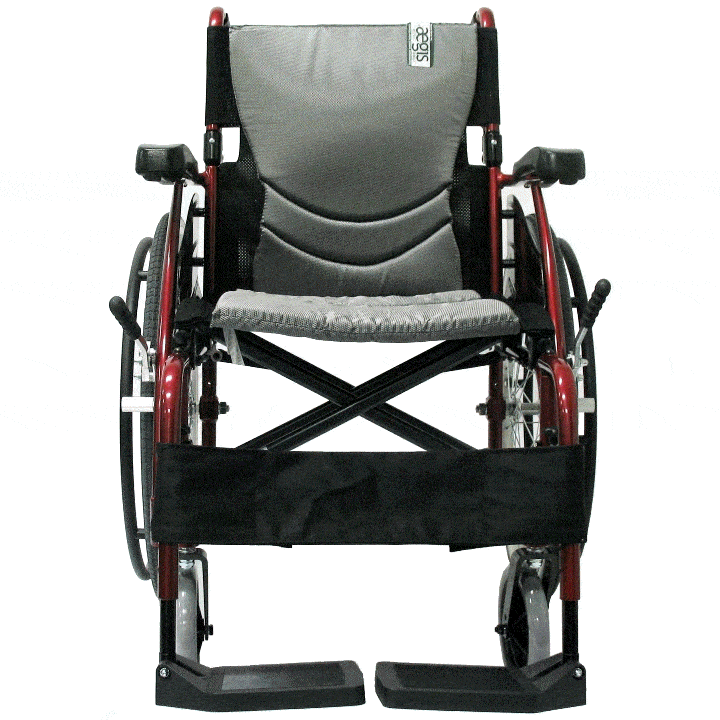 A modern, foldable wheelchair with footrests and cushioned seating.