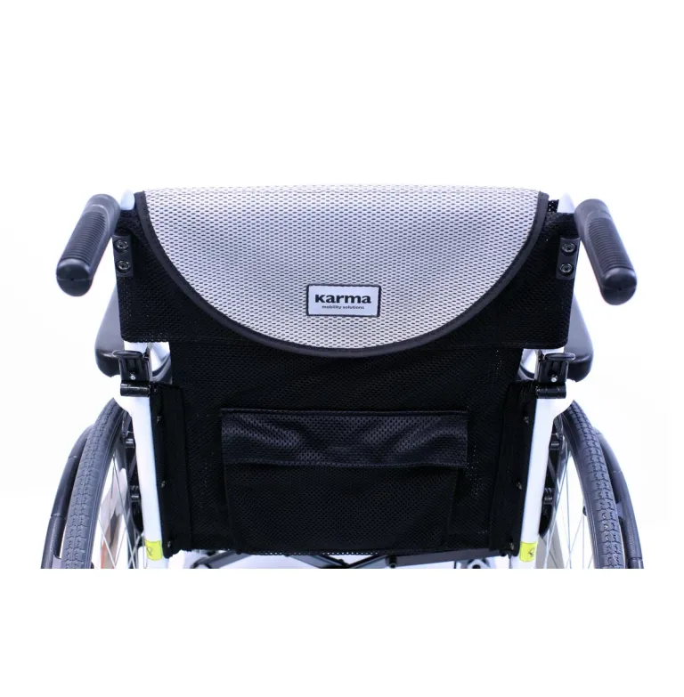 Back view of a wheelchair with a storage bag attached.