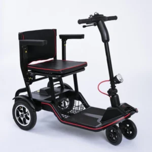 A modern black electric mobility scooter with four wheels and a seat.