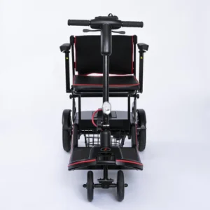 Rear view of a black electric wheelchair with armrests and joystick control.