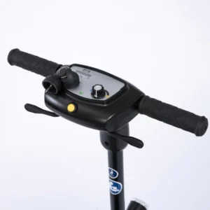 Close-up of an electric scooter handlebar with controls.