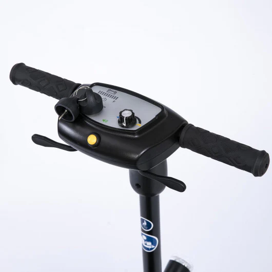 Close-up of an electric scooter handlebar with controls.