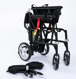 Foldable black wheelchair with detachable parts on a white background.