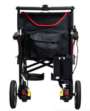 Rear view of a black wheelchair with red accents and storage pouch.