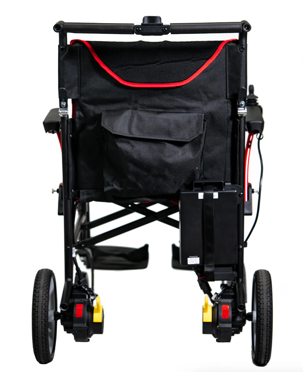 Rear view of a black wheelchair with red accents and storage pouch.