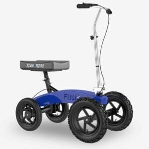 A compact, blue, four-wheeled mobility scooter with handlebars and cushioned seat.