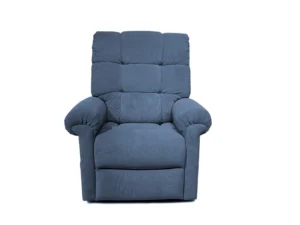 A blue cushioned recliner chair with padded armrests and backrest.