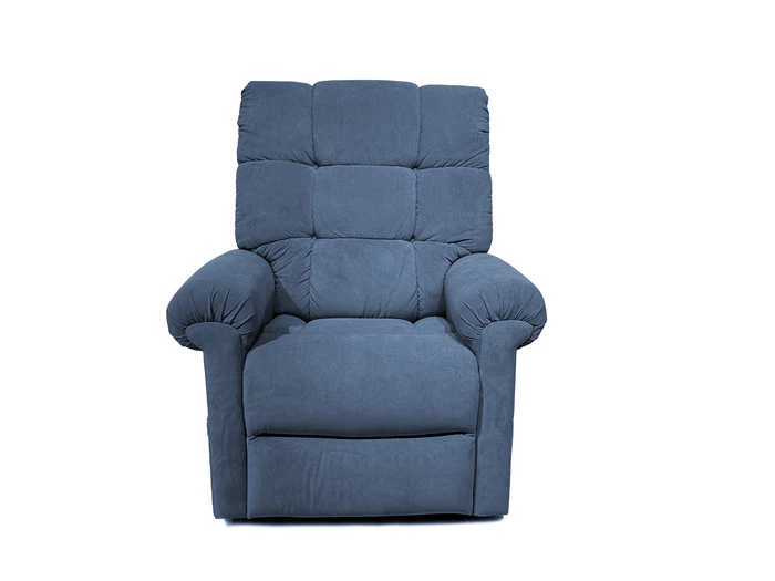 A blue cushioned recliner chair with padded armrests and backrest.