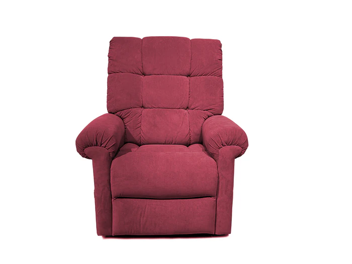 A plush, red recliner chair with cushioned armrests and backrest.