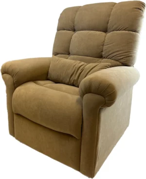 A cushioned beige recliner chair with padded armrests.