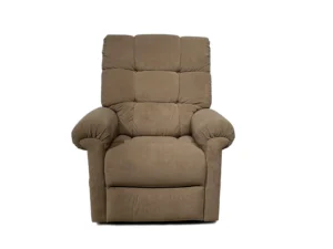 Brown cushioned recliner chair with padded arms and back.