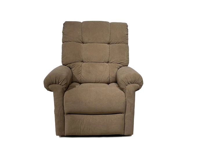 Brown cushioned recliner chair with padded arms and back.