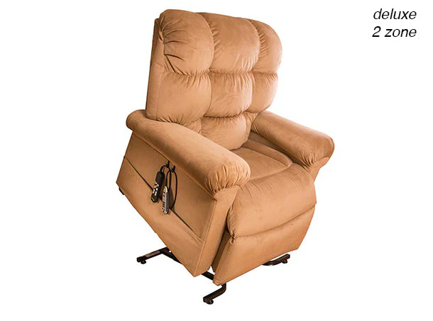 A beige reclining armchair with padded cushions and a side lever.