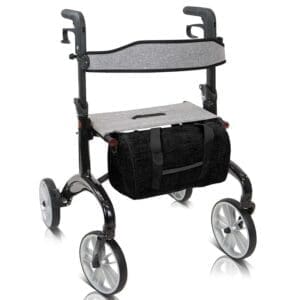 A black and gray four-wheeled walker with storage compartments.