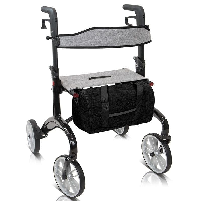 A black and gray four-wheeled walker with storage compartments.