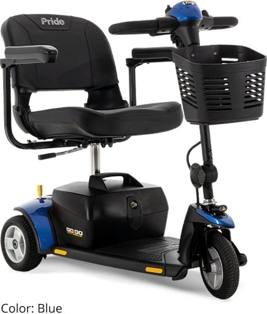 Three-wheeled electric mobility scooter with basket and adjustable seat.