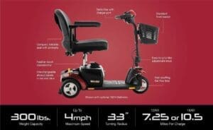 Compact 4-wheel mobility scooter with adjustable seat and basket.