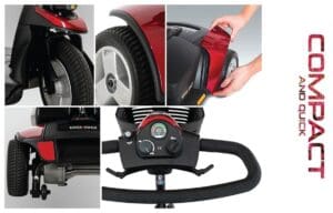 A close-up of a red and black electric scooter showing the wheel, brake, and control panel.