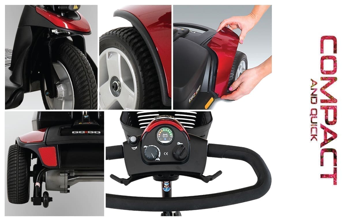 A close-up of a red and black electric scooter showing the wheel, brake, and control panel.