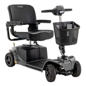 Compact black mobility scooter with a front basket and padded seat.