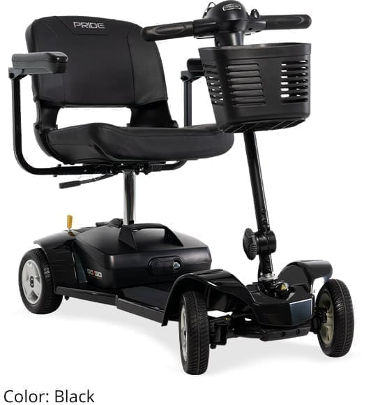 Compact black mobility scooter with four wheels and a front basket.