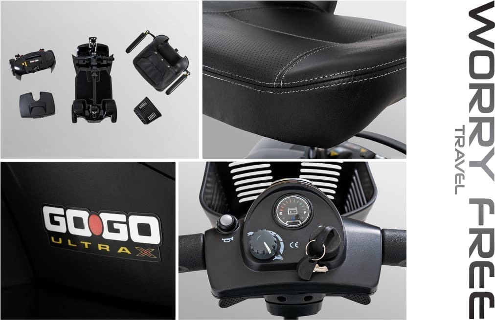 Close-up views of a black motor scooter's seat, controls, and accessories.