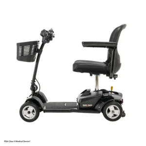 Black mobility scooter with a front basket and padded seat.
