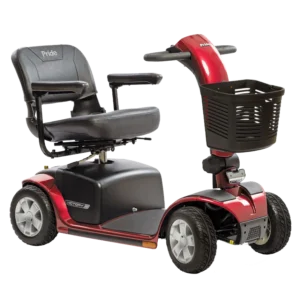 A red and black mobility scooter with a front basket and comfortable seat.