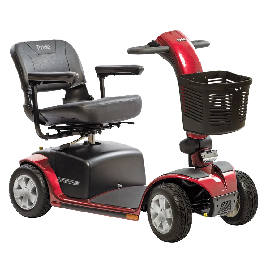 A red and black mobility scooter with a front basket and comfortable seat.