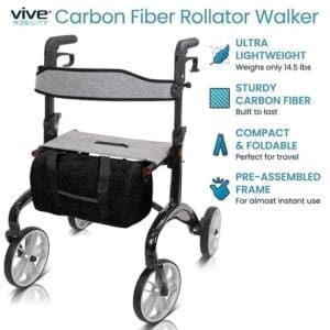 Lightweight carbon fiber rollator walker with four wheels and ergonomic handles.