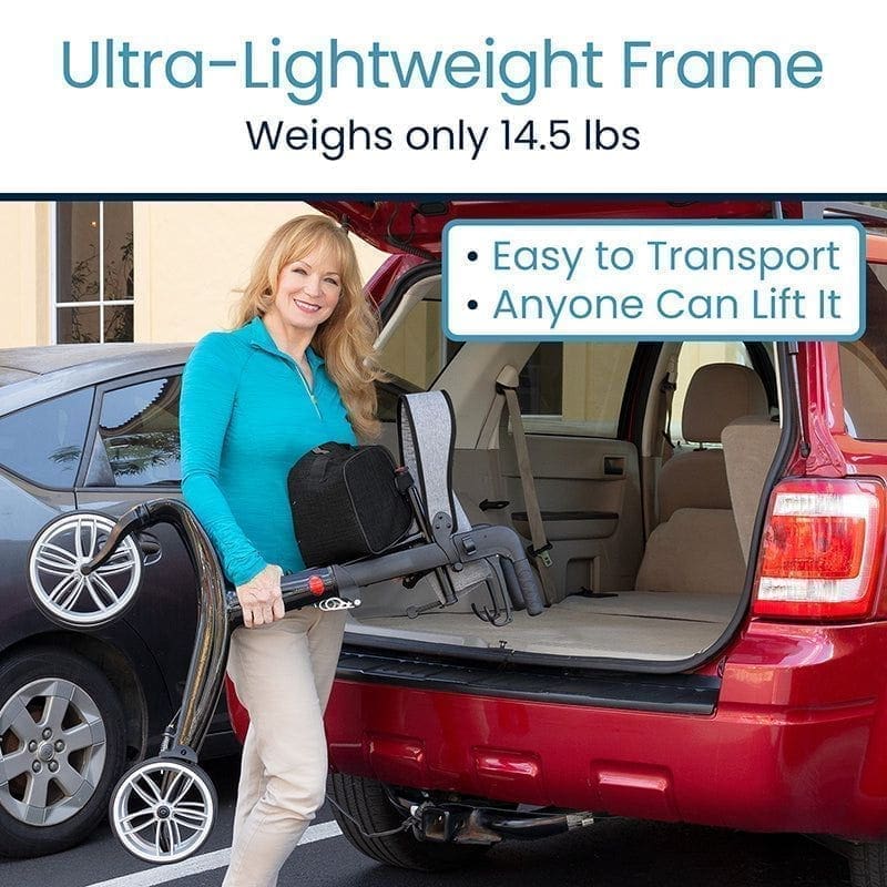 Lightweight wheelchair frame, easy to lift and transport.