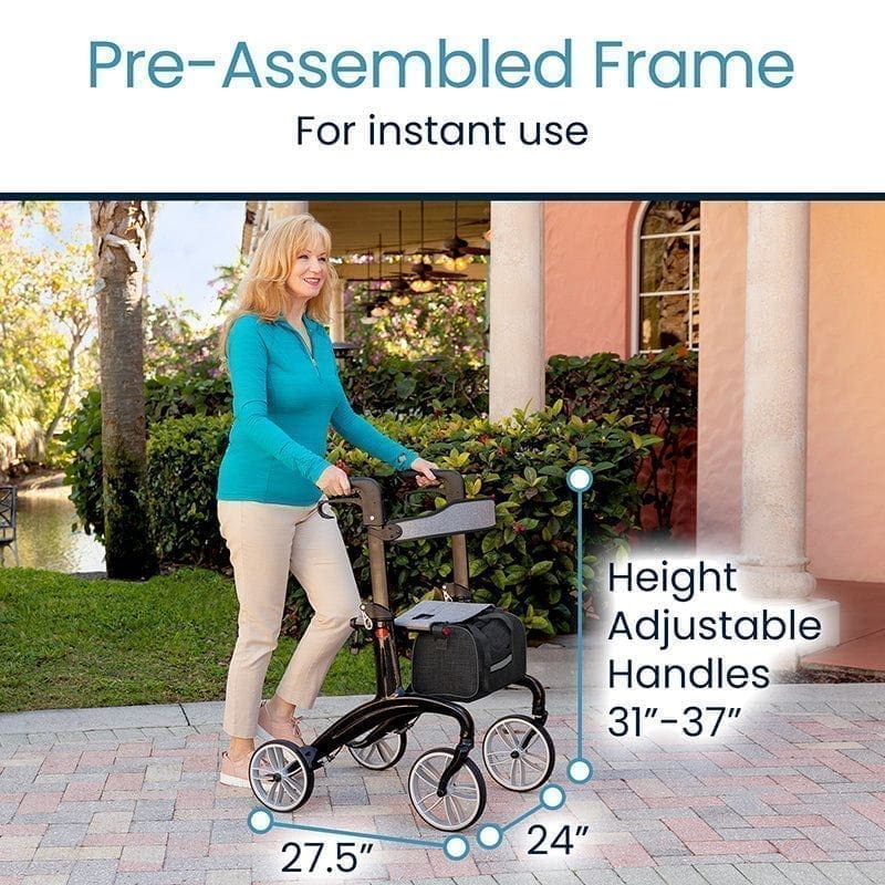 Woman walking with a height-adjustable walker outdoors.