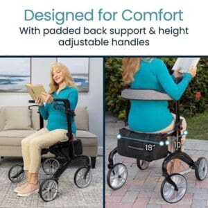 A woman comfortably seated on a height-adjustable mobility scooter with padded back support and handles.