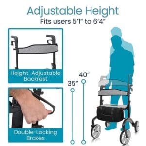 Adjustable height walker with lockable brakes for users 5'1" to 6'4".