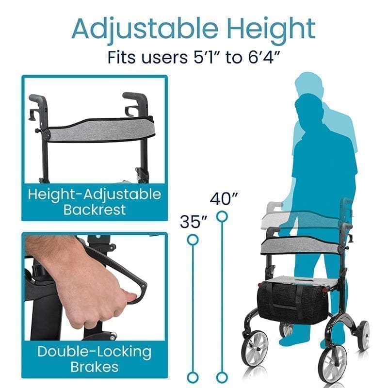 Adjustable height walker with lockable brakes for users 5'1" to 6'4".