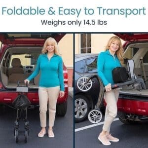 Woman easily carrying a lightweight folding wheelchair.