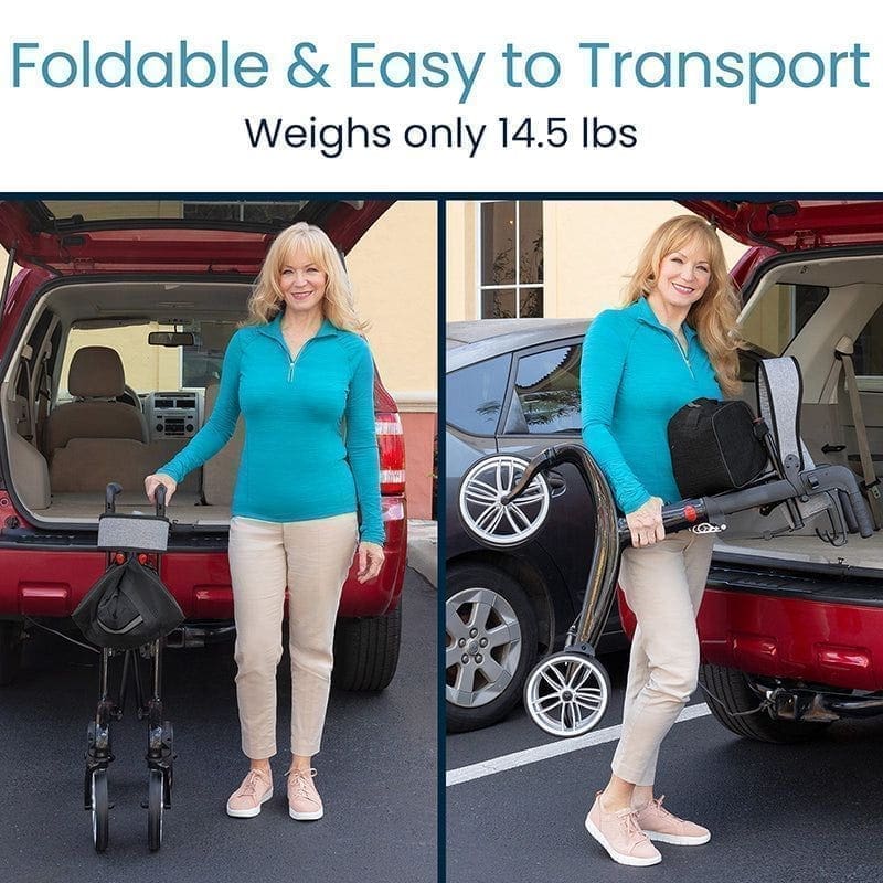 Woman easily carrying a lightweight folding wheelchair.