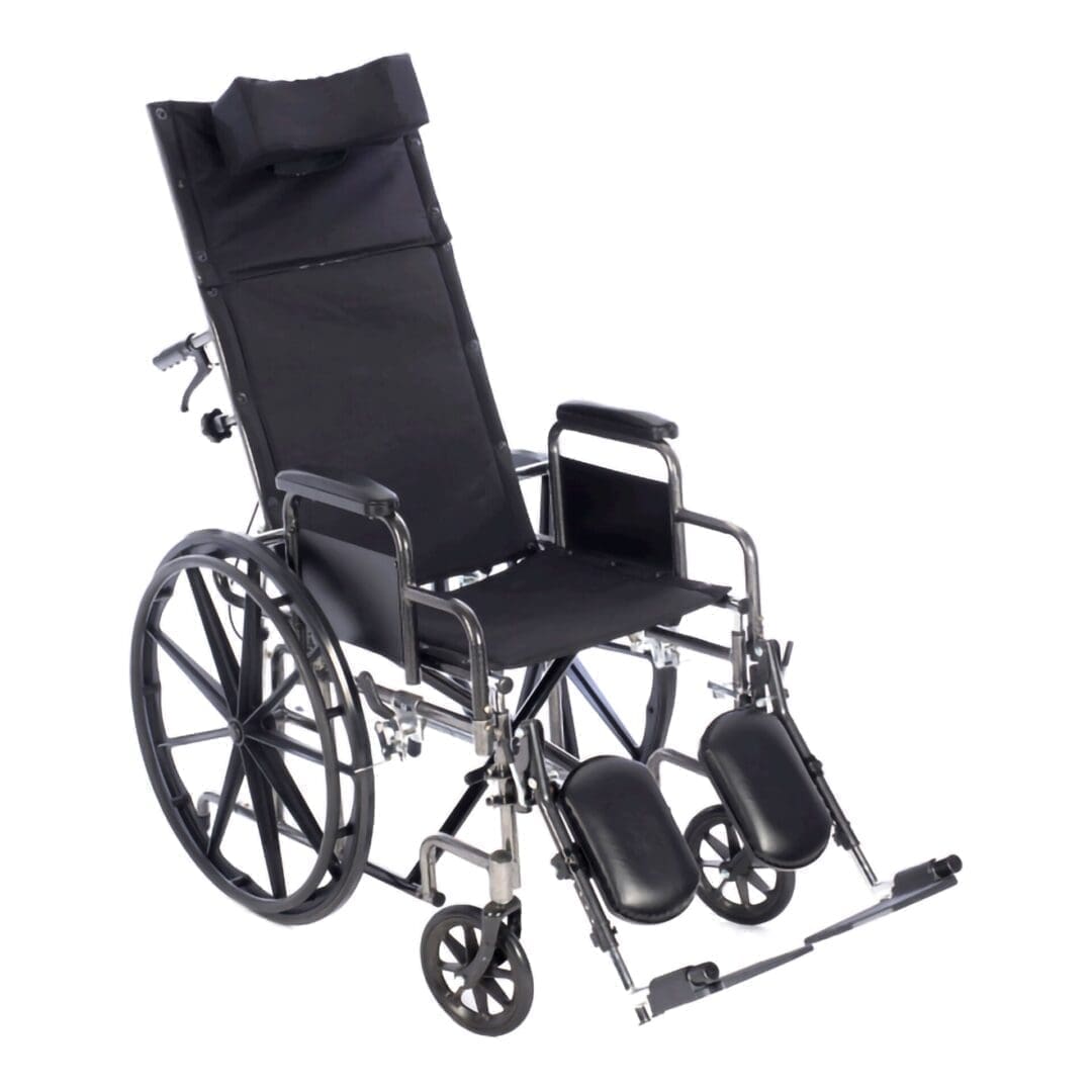 Black manual wheelchair with padded backrest and footrests.