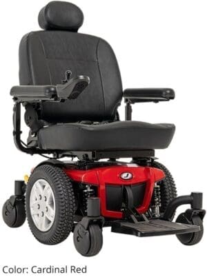 A black and red motorized wheelchair with padded seat and armrests.