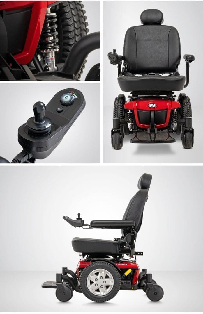 A modern electric wheelchair with joystick controls and adjustable seating.
