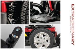 Close-ups of a red mobility scooter's wheel, control panel, and footrest.